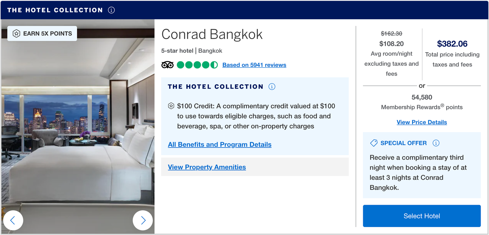 The hotel collection property on Amex Travel portal