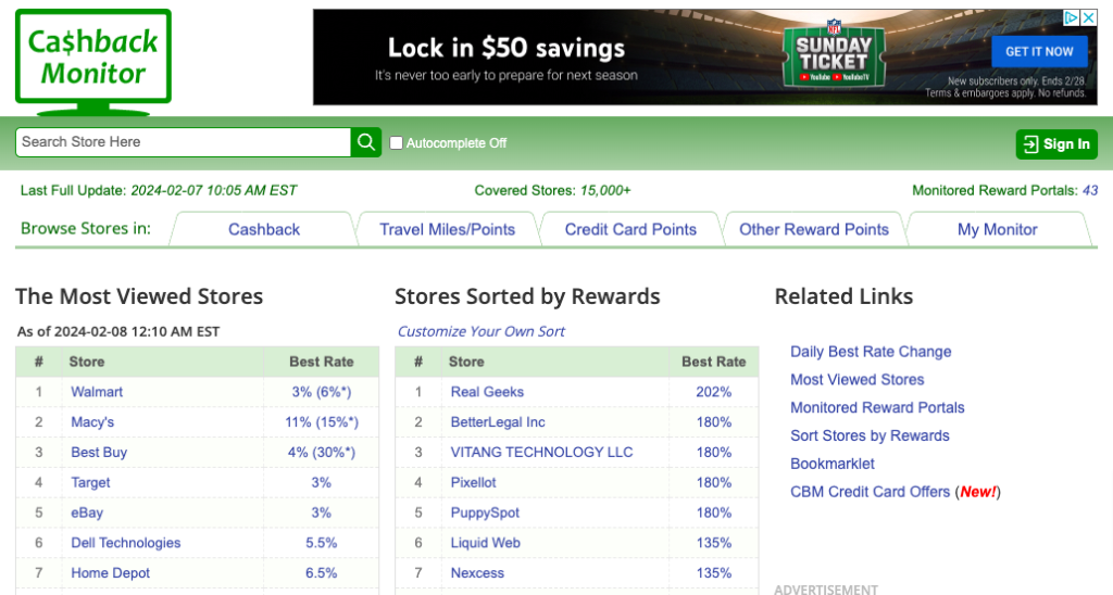 cashbackmonitor.com front page