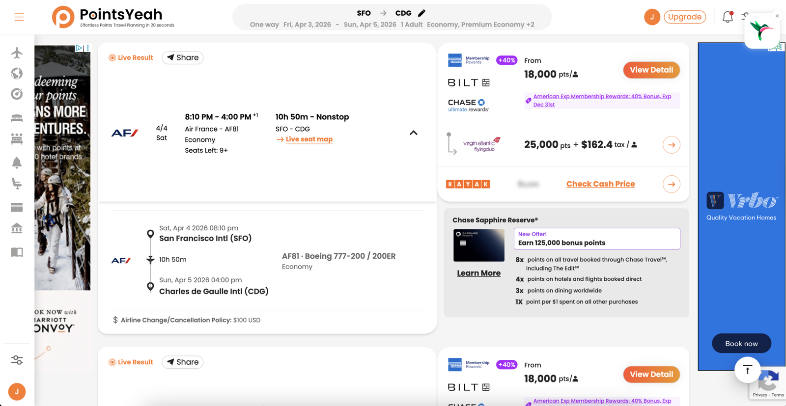 PointsYeah Award Flight Redemption Details