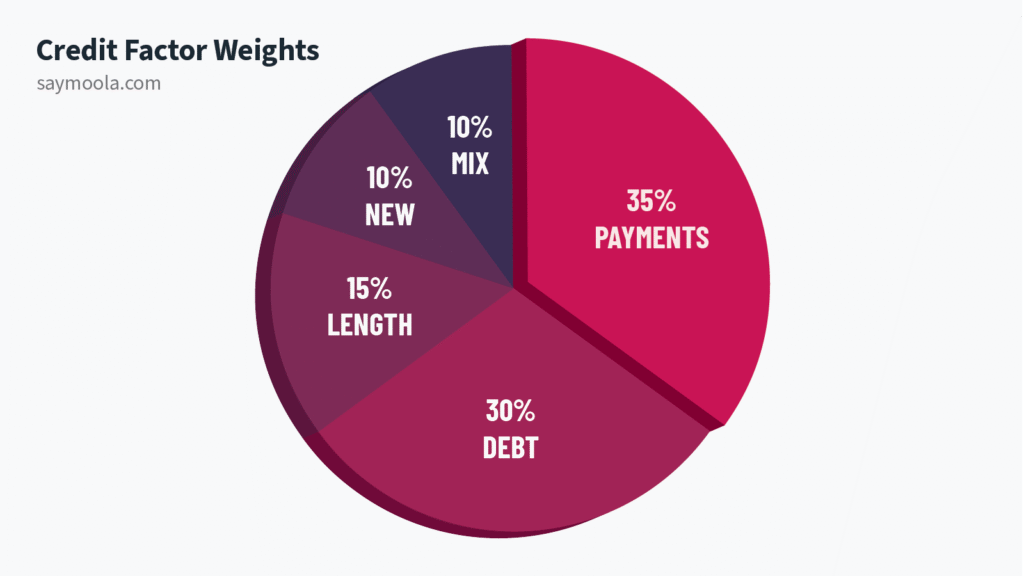 Credit score factor weights: 35% payments, 30% debt, 15% length, 10% new, 10% mix