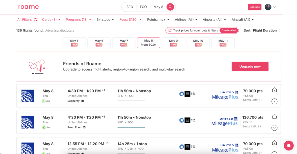 Roame award travel search
